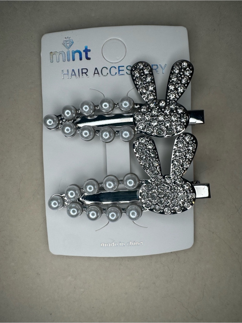 New Mint Silver Bunny Pearl Hair Clips for Kids